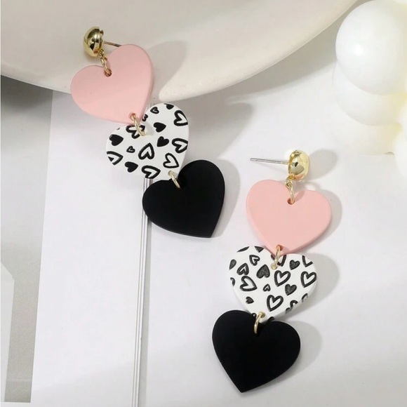 Heart Drop Earrings in Pink, Black, and White - Picture 2 of 5